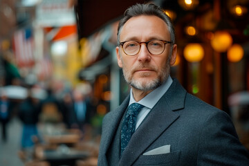 A senior Caucasian businessman with glasses poses confidently in a bustling city environment.