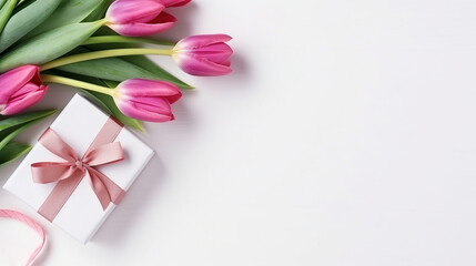 Pink flowers tulips on white spring background with gift box, mock up.Generative AI