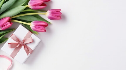 Fototapeta premium Pink flowers tulips on white spring background with gift box, mock up.Generative AI
