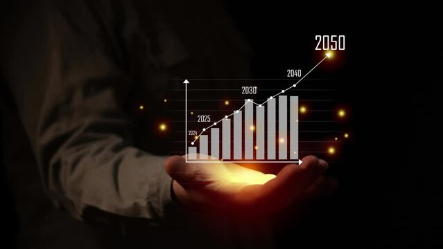 Finance and business concept. Investment graph and rows growth of coins on table. Concept of investing and financial management. Long term finance strategy 2050.Business and finance concept. Animation