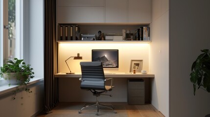 Compact and organised work nook with a floating desk. Generative ai,  - obrazy, fototapety, plakaty