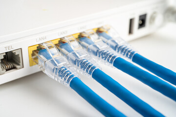 Ethernet cable with wireless router connect to internet service provider internet network.