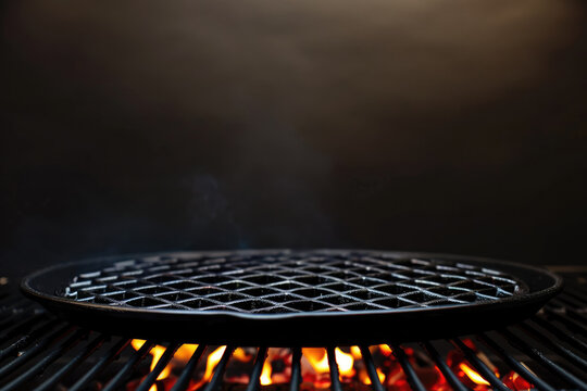 black round grill grate with fire and smoke on black background, copy space