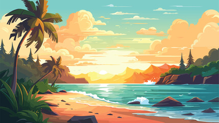 Fototapeta na wymiar Tropical fantasy beach summer background, vector illustration, seaside view poster