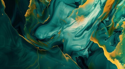 An elegant, fluid abstract pattern in shades of teal and golden yellow, suggesting a balance of nature and opulence. - obrazy, fototapety, plakaty