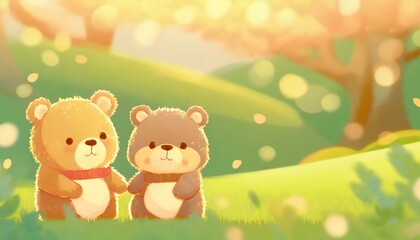 Obraz na płótnie Canvas Two happy cute teddy bear toys walking in beautiful springtime park. Japanese anime style, warm colours.
