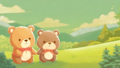 Obraz na płótnie Canvas Two happy cute teddy bear toys walking in the green springtime landscape. Background with copyspace, Japanese anime style, warm colours. 