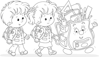 Happy little schoolchildren and their funny friend cartoony schoolbag happily going to school for start of classes, black and white outline vector illustration for a coloring book