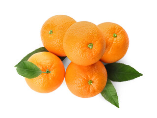Fresh ripe oranges with green leaves on white background, top view