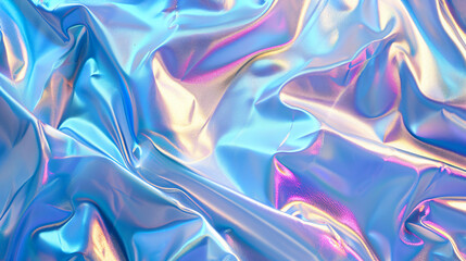 Fototapeta premium Blurred Holography abstract background in blue pink colors. Holographic color wrinkled pearlescent foil. Holographic iridescent rainbow fabric abstract background