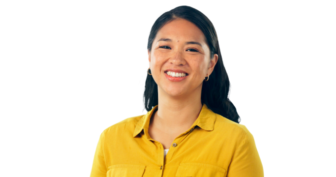 Portrait, asian model or happy for wellness in work, confident or satisfaction in fashion career. Japanese designer, smile and face for creativity in job and isolated on a transparent png background