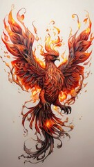 Phoenix tattoo, flying, made of fire, wings shedding flames, Digital Art