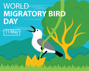 illustration vector graphic of bird resting on tree branch, showing forest background, perfect for international day, world migratory bird day, celebrate, greeting card, etc.