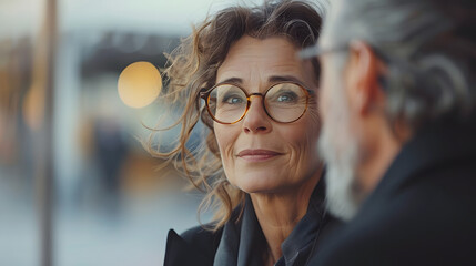 woman with glasses, portrait of a senior person,  senior business woman dialogue with a middle-aged businessman during day time, Generative AI 