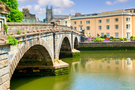 Totnes Bridge and the River Dart on a bright spring day, Devon UK