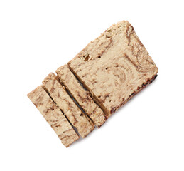 Pieces of tasty chocolate halva isolated on white, top view