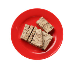 Pieces of tasty chocolate halva isolated on white, top view