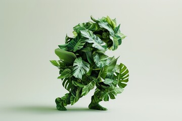 Conceptual art of a human figure made from lush green leaves against a neutral background, symbolizing nature and sustainability.