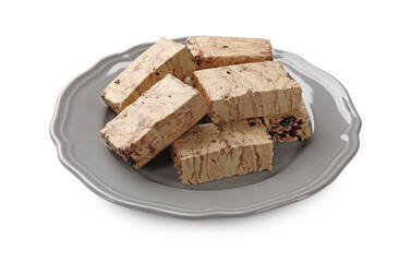 Pieces of tasty chocolate halva isolated on white