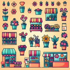 Icon set of flowers gardening shop