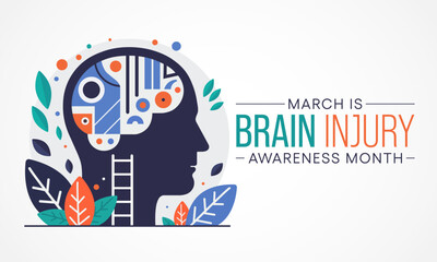 Brain Injury awareness month (TBI) is observed every year in March, is a disruption of the normal function of the brain that can be caused by a blow, bump or jolt to the head. vector illustration