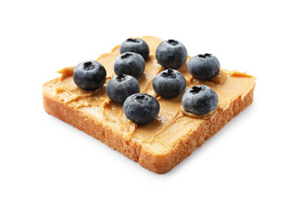 Tasty peanut butter sandwich with fresh blueberries isolated on white
