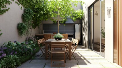 Fototapeta na wymiar Compact outdoor dining space with a sleek wooden table. Generative ai, 