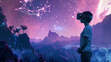 Naklejka premium A person immersed in a virtual reality simulation of a mystical, neon-lit landscape with constellations and a mountainous backdrop.