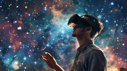 Fototapeta premium A man in a virtual reality headset reaches out to touch the stars, symbolizing the exploration of digital space and virtual environments.