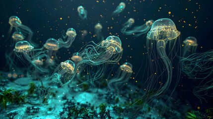 A swarm of jellyfish with glowing tentacles drifts through the dark ocean, creating a mesmerizing scene of underwater bioluminescence. - obrazy, fototapety, plakaty