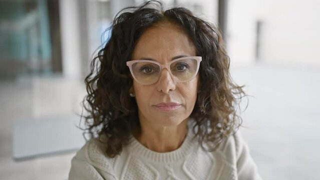 A professional hispanic woman in glasses stands confidently in a modern office setting, embodying experience and elegance.