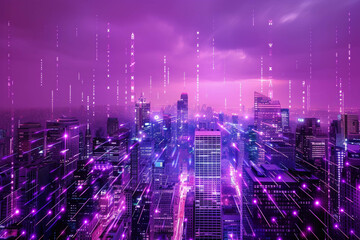 A futuristic cyber cityscape with vibrant purple hues dominating the illustration