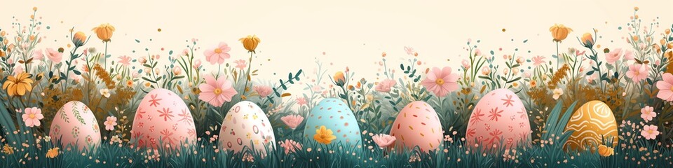 Happy Easter Banner. Illustration flat, Colorful Easter eggs on grass with flowers on a sunny spring day - Easter decoration, banner, panorama, background with copy space for text - obrazy, fototapety, plakaty