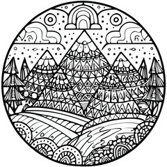 Mountain Nature Coloring Page Vector
