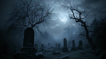 Grave Night A Hauntingly Beautiful Moonlit Cemetery Generative AI