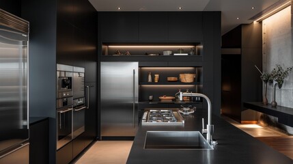 Contemporary  and minimalistic kitchen with black matte furnish. Generative ai, 