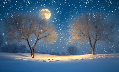 Snowy Nighttime Scene with Full Moon and Snowflakes Generative AI