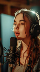 beautiful young woman sings into a microphone in a recording studio, singer, music, song, performance, hobby, voice, sound, show, girl, portrait, label, announcer, speaker