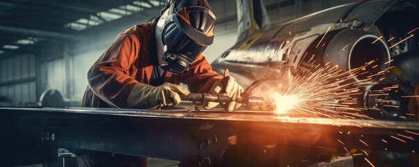 Worker, who work as a metal welder in the airplane factory. generative ai