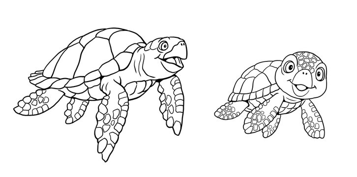 Two funny sea turtles to color in. Template for a coloring book with funny animals. Coloring template for kids.	