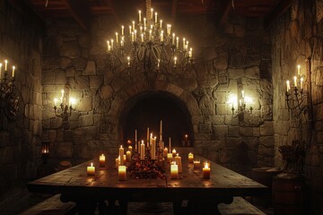 Candlelit Dinner in a Medieval-Inspired Setting Generative AI - obrazy, fototapety, plakaty