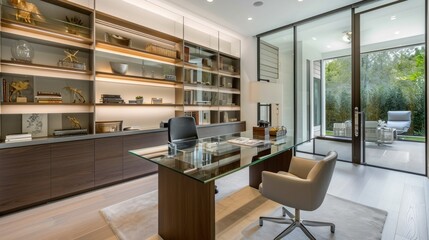 Fototapeta premium Contemporary home office with glass desk ergonomic. Generative ai, 