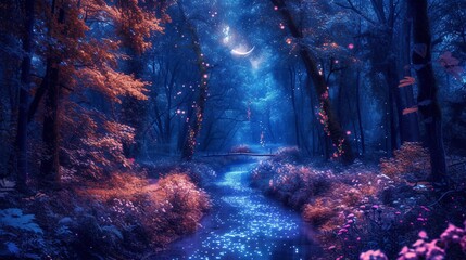 Glowing Pathway in the Woods A Magical Nighttime Experience Generative AI