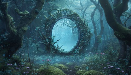 Fantasy Forest Mirror A Magical Escape to the Enchanted Realm Generative AI - obrazy, fototapety, plakaty