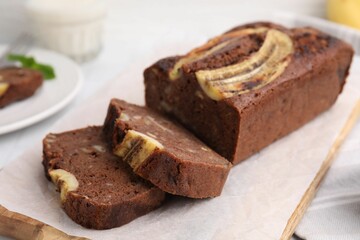 Delicious homemade banana bread on table, closeup