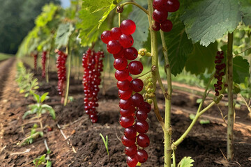 Rows of currants plantation. Capturing natural fruit products in organized lines. Agricultural beauty in abundance.