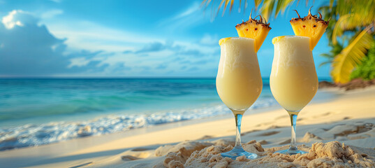 Pina Colada is a cocktail made with rum, cream of coconut, and pineapple juice on the beach background - obrazy, fototapety, plakaty