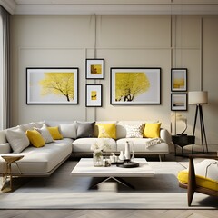 Modern style living room with yellow and white combination, aesthetic background, sitting area with beautifully designed and decorated

