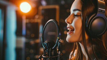 beautiful young woman sings into a microphone in a recording studio, singer, music, song, performance, hobby, voice, sound, show, girl, portrait, label, announcer, speaker - obrazy, fototapety, plakaty