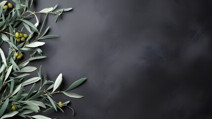 Wild olive branches on gray background. Copy space.
 - obrazy, fototapety, plakaty